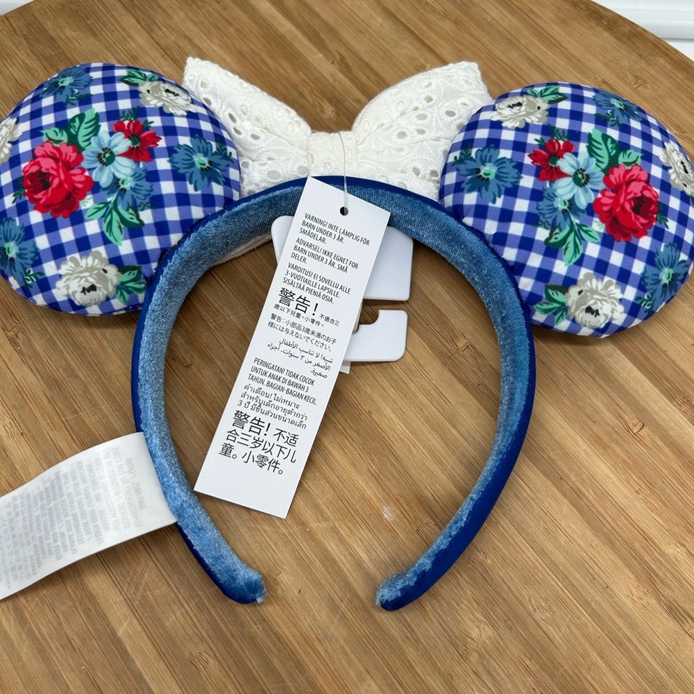 New Gingham Cottage Checker Floral Minnie Mouse Bow Ears Headband Disney Parks - Picture 2 of 5